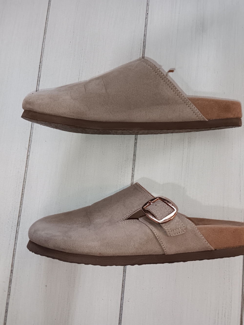 Time and Tru Taupe Slip-On Mule with Rose Gold Buckle